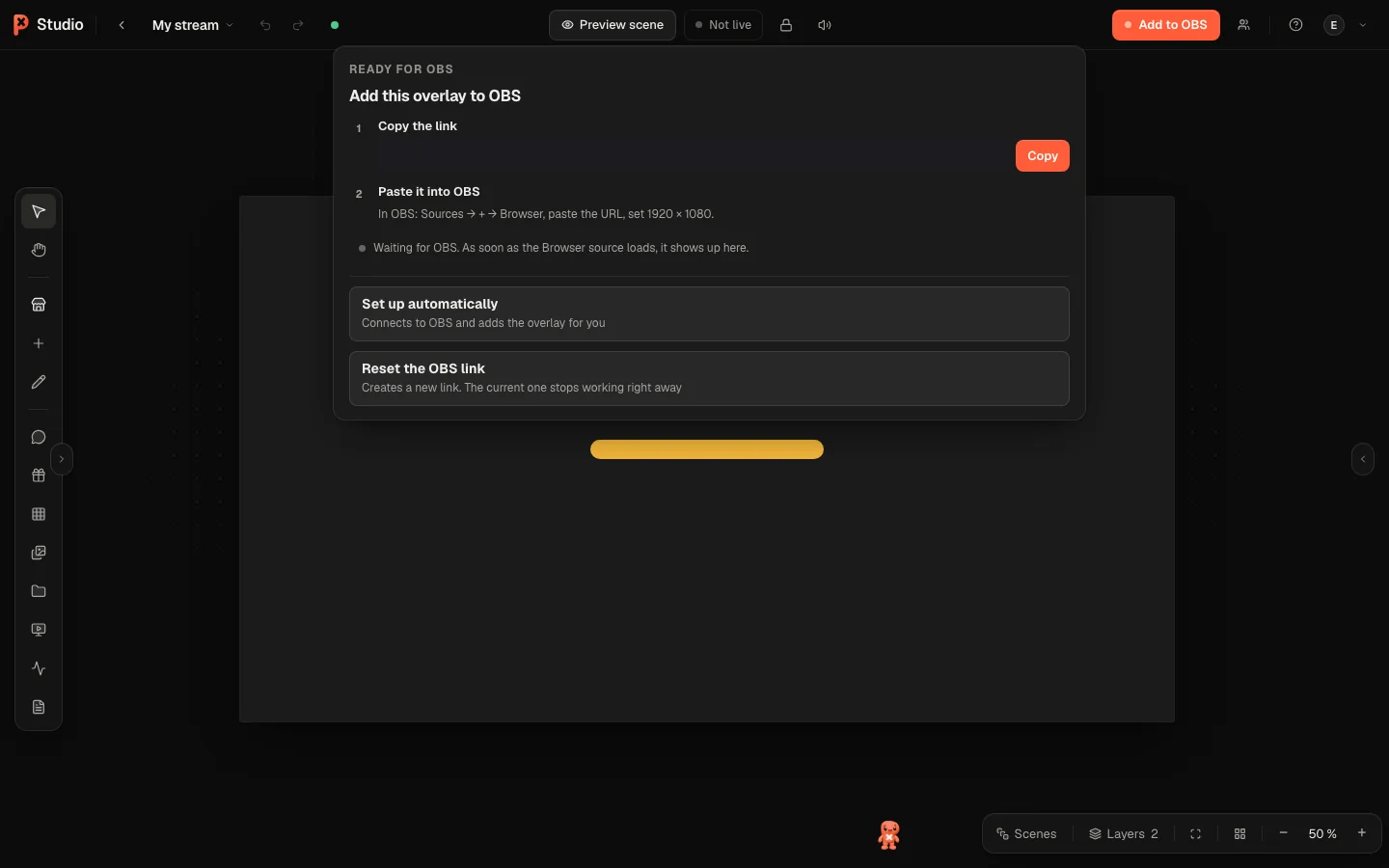 The Add to OBS menu: copy the link, paste it into OBS, or set it up automatically