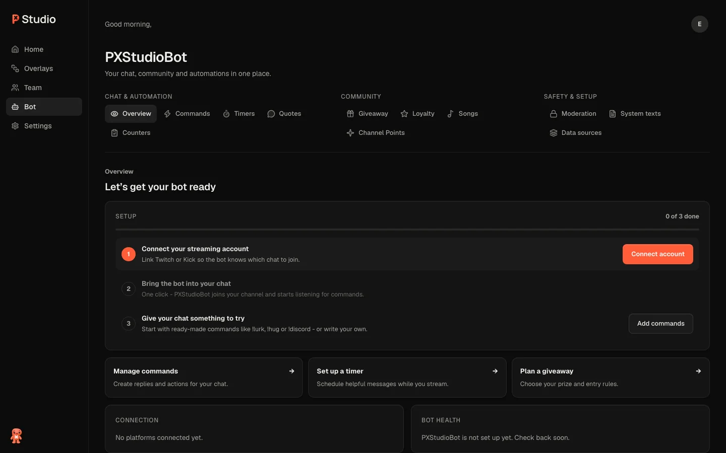 The Overview tab of PXStudioBot with the setup checklist