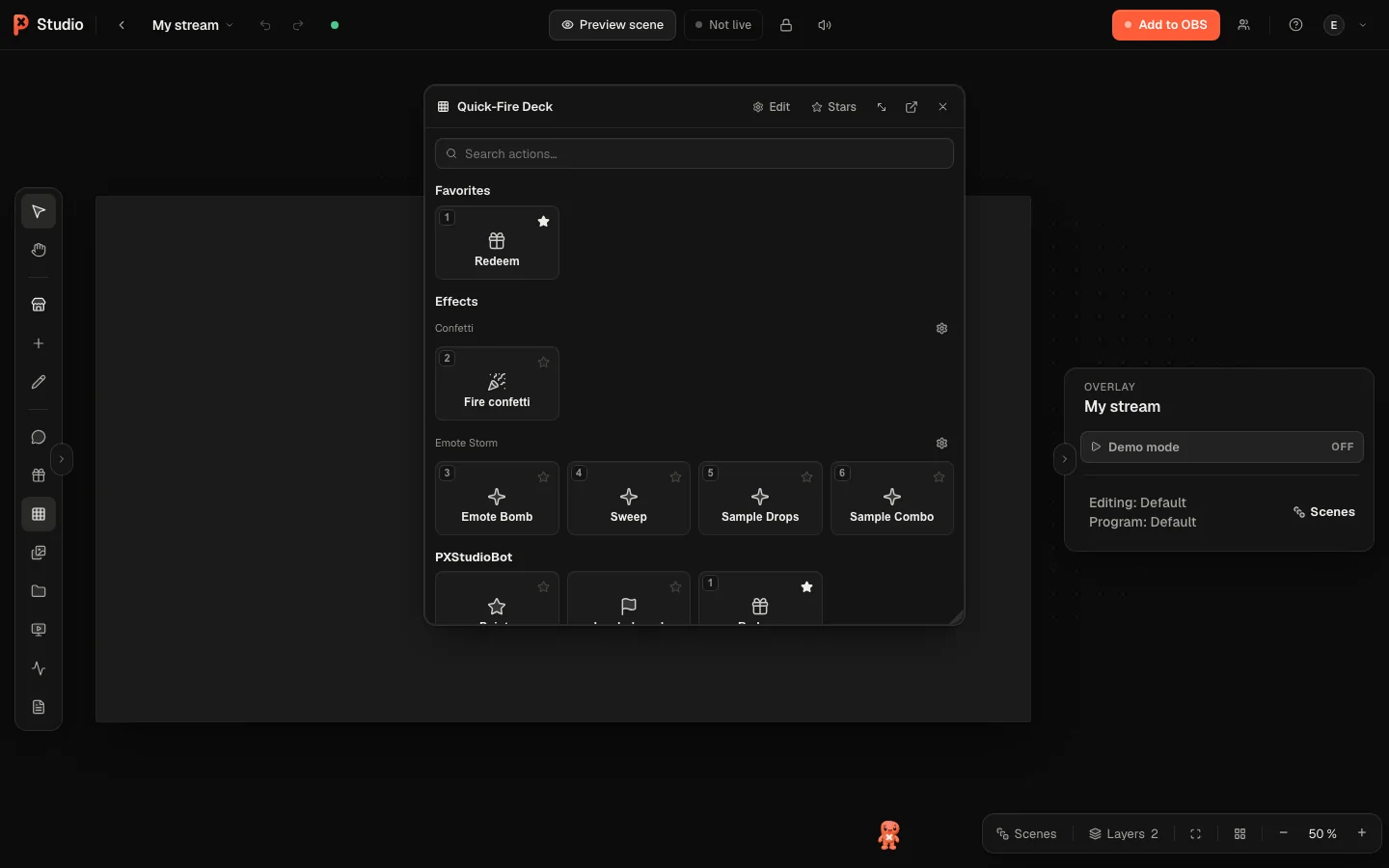 The Quick-Fire Deck in the editor with favorites and effects