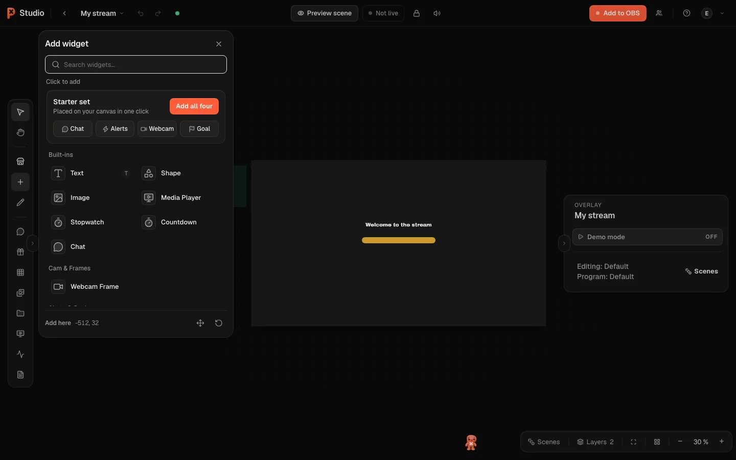 The Add widget menu with the starter set, built-ins and categories