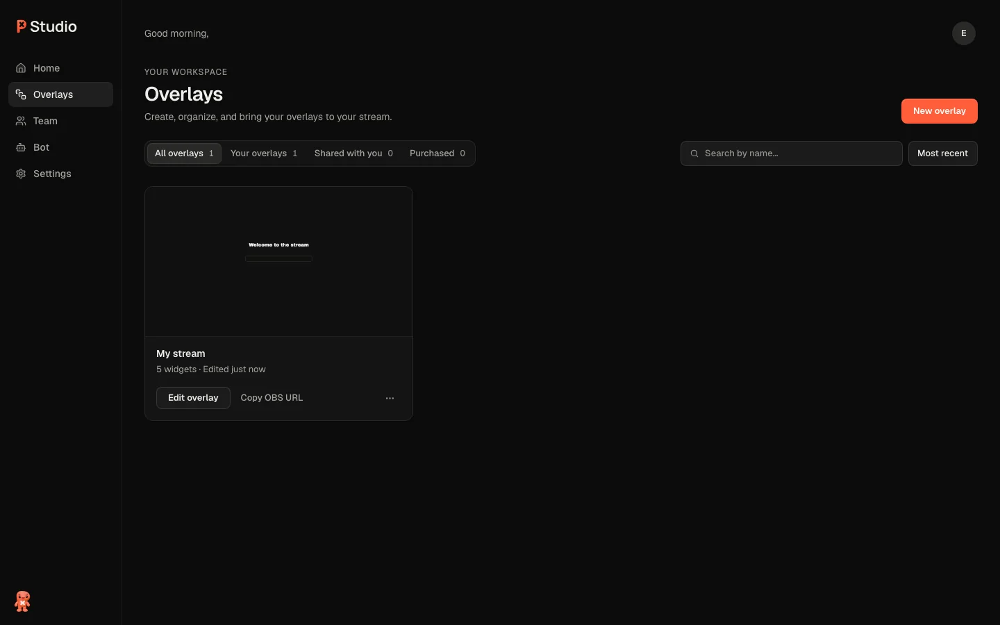 The Overlays page with a new overlay card and the New overlay button
